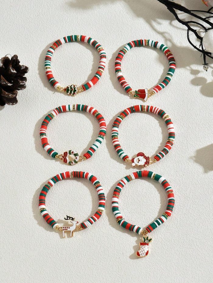 6pcs/Set Reindeer, Santa Claus, Christmas Tree Soft Ceramic Decorative Bracelet - Image 3