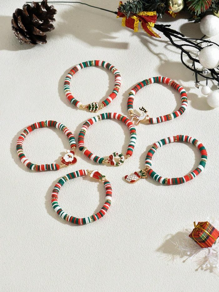 6pcs/Set Reindeer, Santa Claus, Christmas Tree Soft Ceramic Decorative Bracelet - Image 4