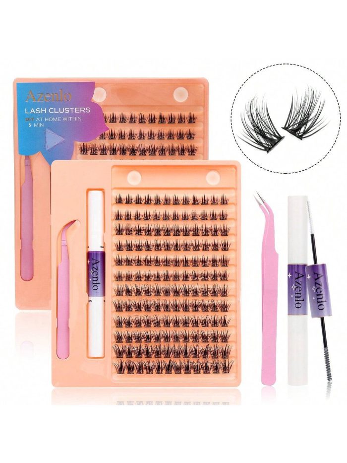 Azenlo Individual Lashes DIY Eyelash Extensions Kit, Lash Clusters 144 Pcs, Applicator Tool, Super Hold Cluster Lashes Bond and Seal, Glue Remover Easy Mix 10-16mm