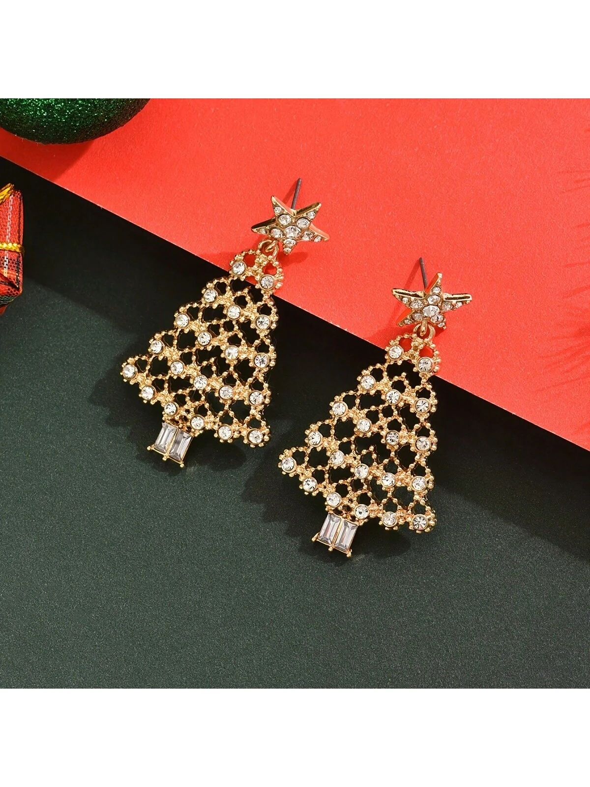 Elegant Hollow Christmas Tree Shape Pendant Earrings With Sparkling Rhinestones - Image 4