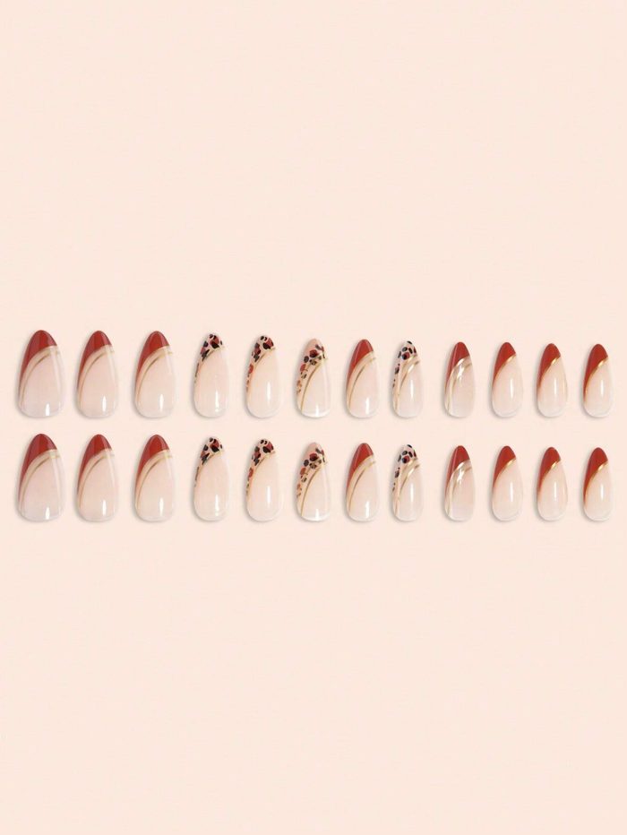 24pcs Almond Square Press On Nails Set Fashion Leopard Print Bevelled Edge French - Image 3