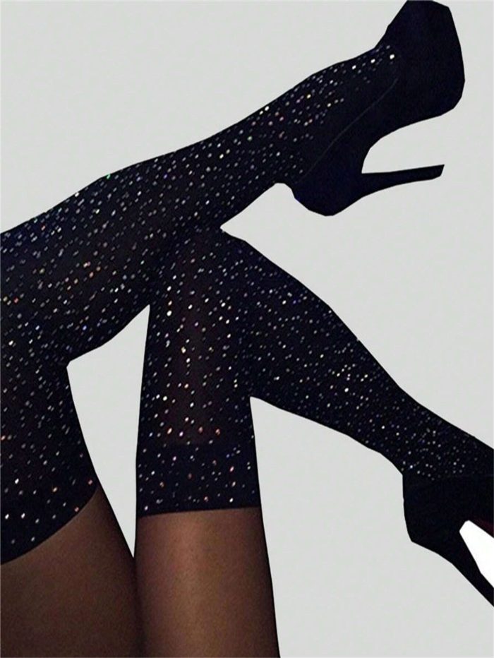 Oversized Black Embellished Knee-High Socks With Shiny Rhinestones For Women
