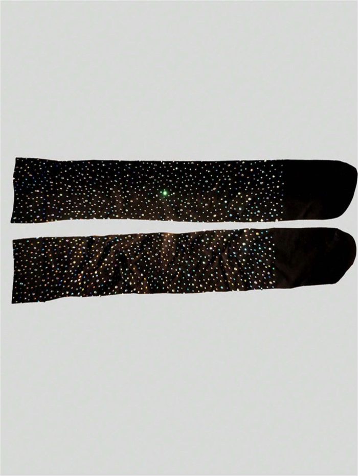 Oversized Black Embellished Knee-High Socks With Shiny Rhinestones For Women - Image 5