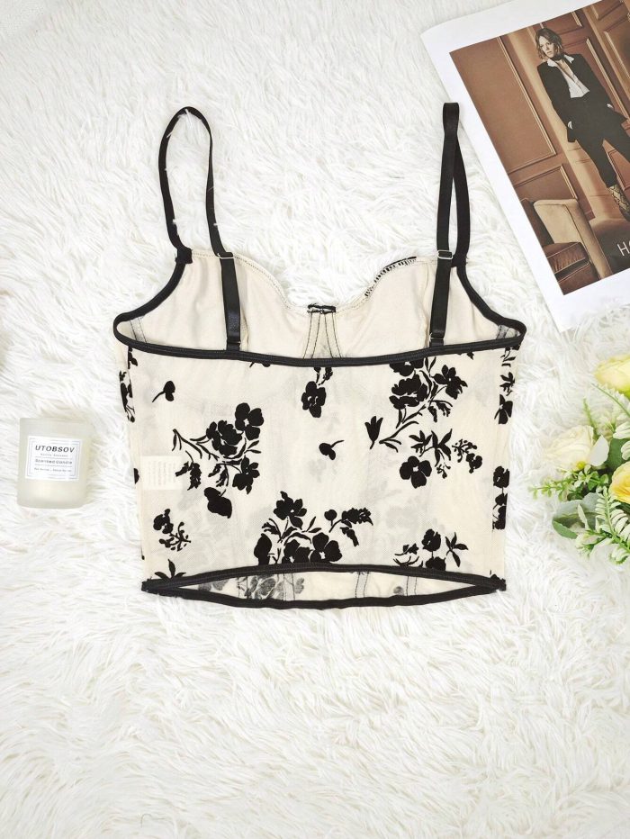 RAHQ 1pc New Floral Flocked Sheer Mesh Slim Fitted Camisole Tank Top - Image 6