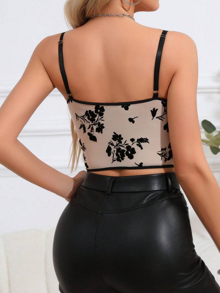RAHQ 1pc New Floral Flocked Sheer Mesh Slim Fitted Camisole Tank Top - Image 3