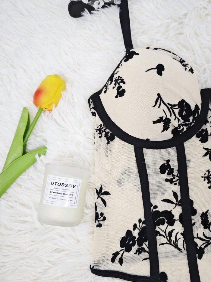 RAHQ 1pc New Floral Flocked Sheer Mesh Slim Fitted Camisole Tank Top - Image 5