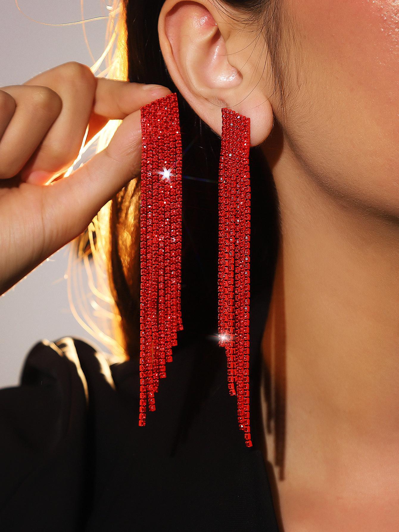 Red Club Bar Tassel Artificial Crystal Earrings for Women 1pair