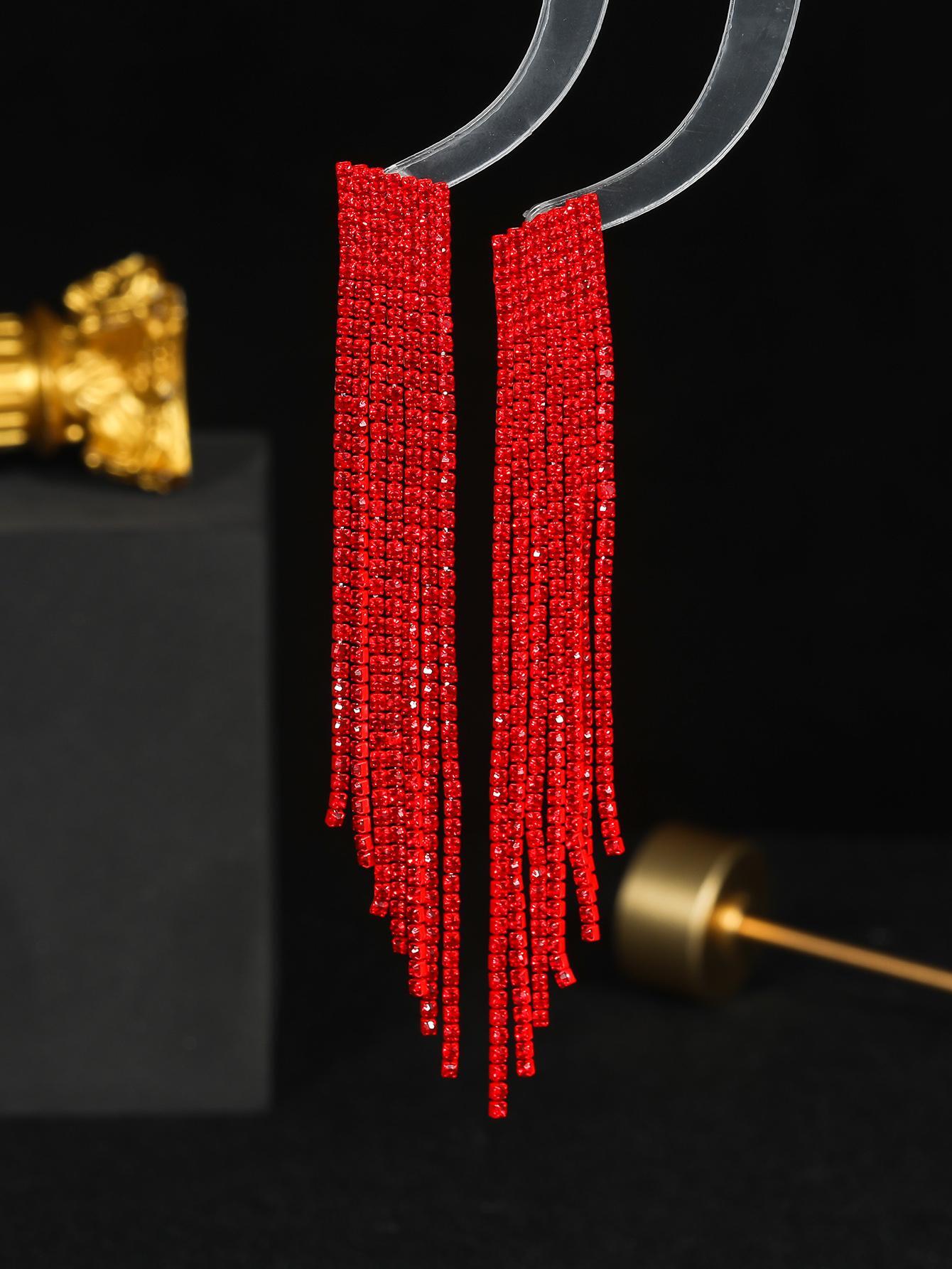Red Club Bar Tassel Artificial Crystal Earrings for Women 1pair - Image 2