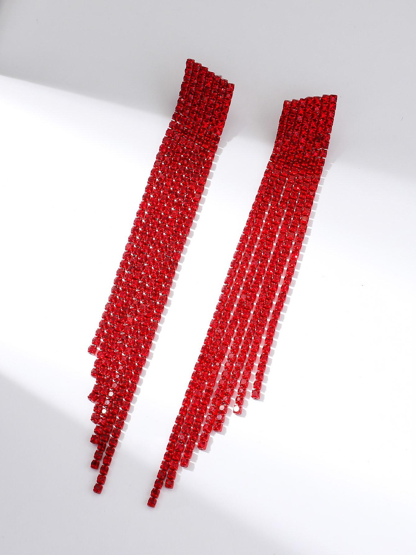 Red Club Bar Tassel Artificial Crystal Earrings for Women 1pair - Image 3