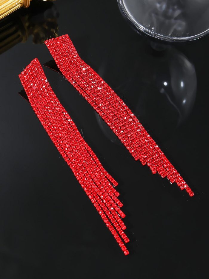 Red Club Bar Tassel Artificial Crystal Earrings for Women 1pair - Image 4