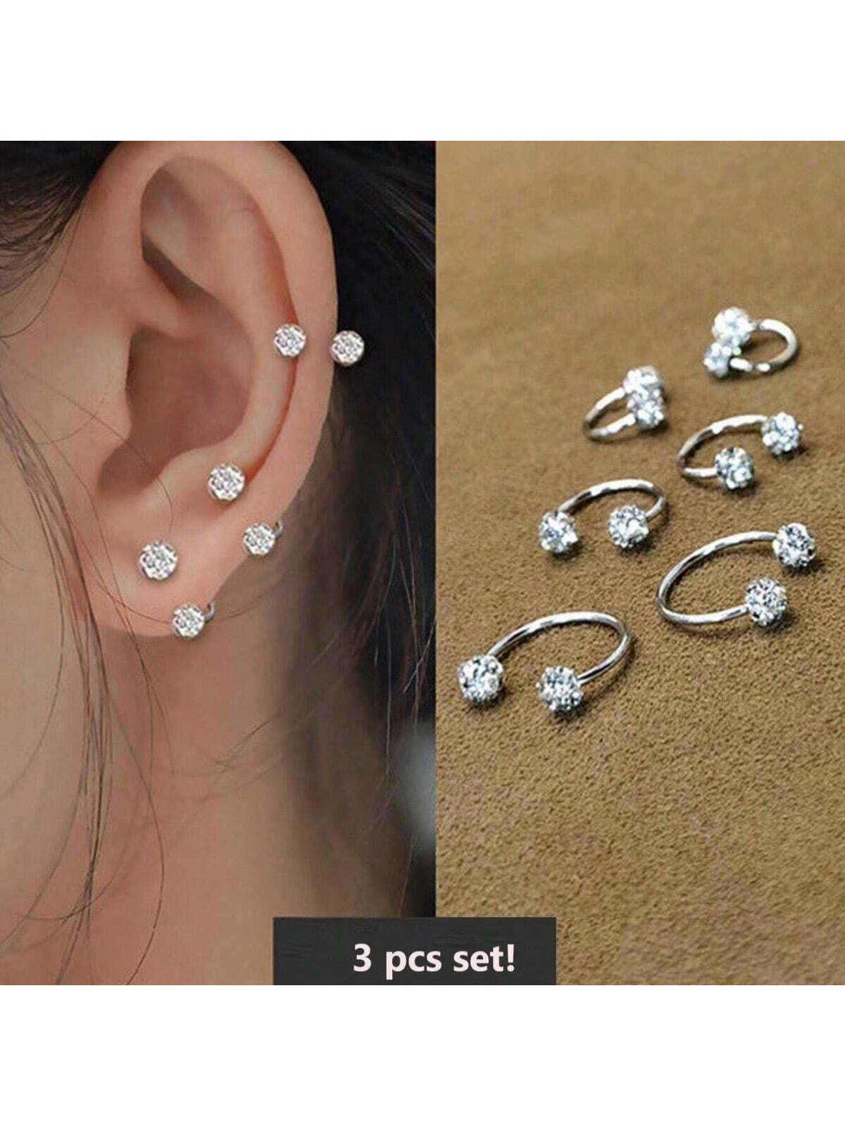 SENLANSP 3pcs Sparkling Soft Ceramic Horseshoe Ball Hoop Earrings ,Girls Dainty Shiny C-Shaped Stud Earrings Full Zirconia Inlay Nose Lip Rings