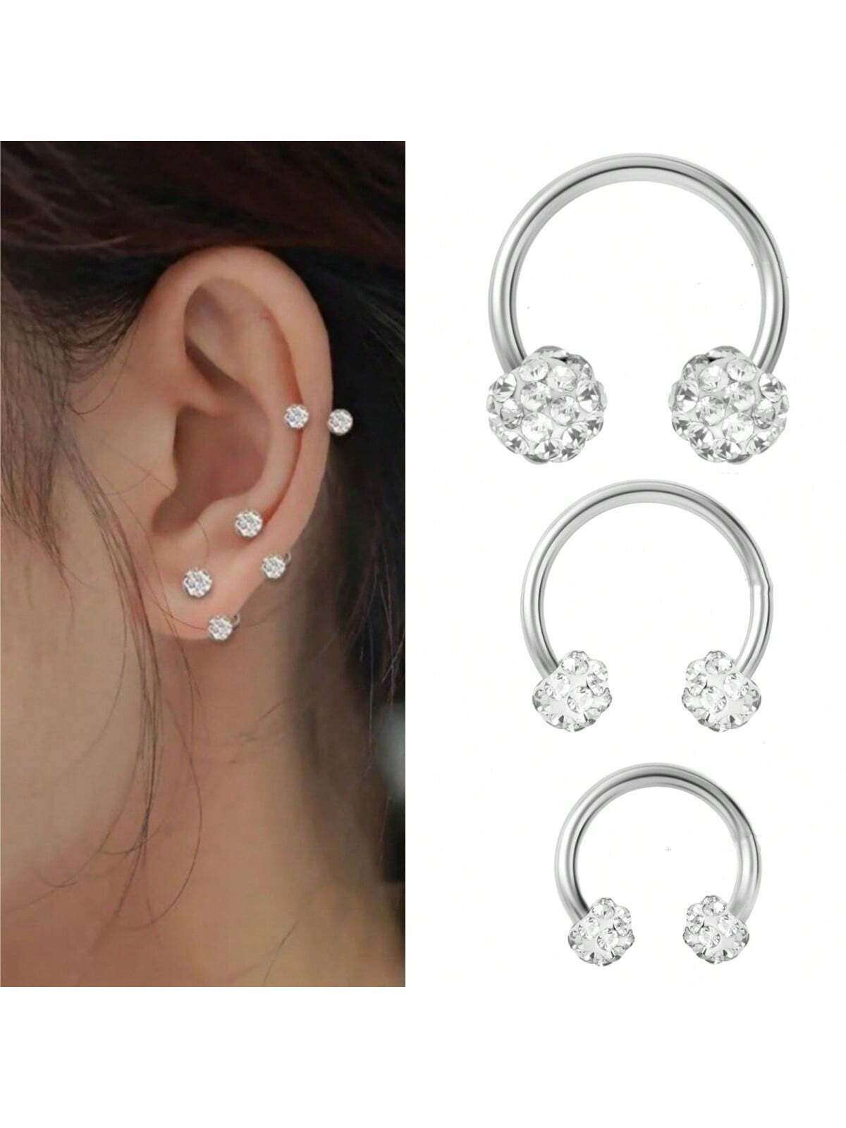SENLANSP 3pcs Sparkling Soft Ceramic Horseshoe Ball Hoop Earrings ,Girls Dainty Shiny C-Shaped Stud Earrings Full Zirconia Inlay Nose Lip Rings - Image 2