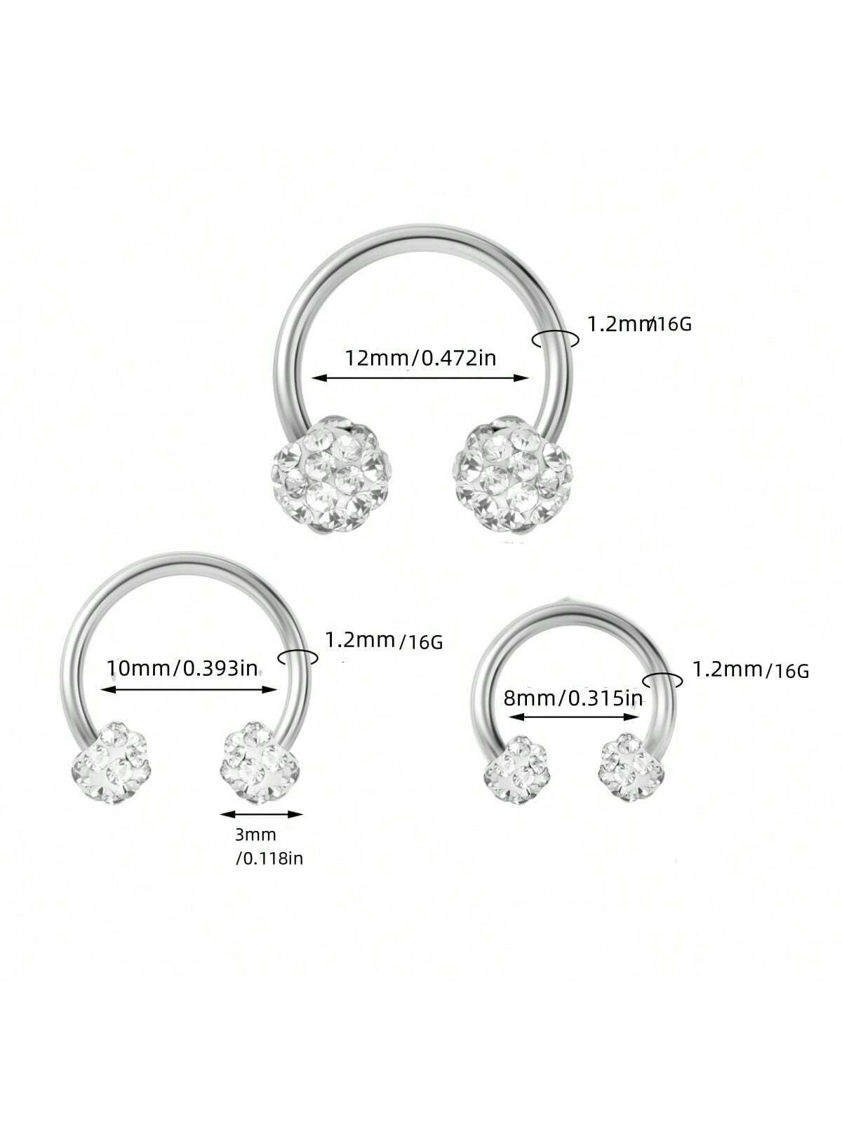 SENLANSP 3pcs Sparkling Soft Ceramic Horseshoe Ball Hoop Earrings ,Girls Dainty Shiny C-Shaped Stud Earrings Full Zirconia Inlay Nose Lip Rings - Image 4