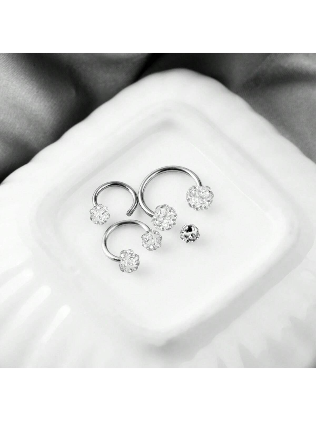 SENLANSP 3pcs Sparkling Soft Ceramic Horseshoe Ball Hoop Earrings ,Girls Dainty Shiny C-Shaped Stud Earrings Full Zirconia Inlay Nose Lip Rings - Image 6