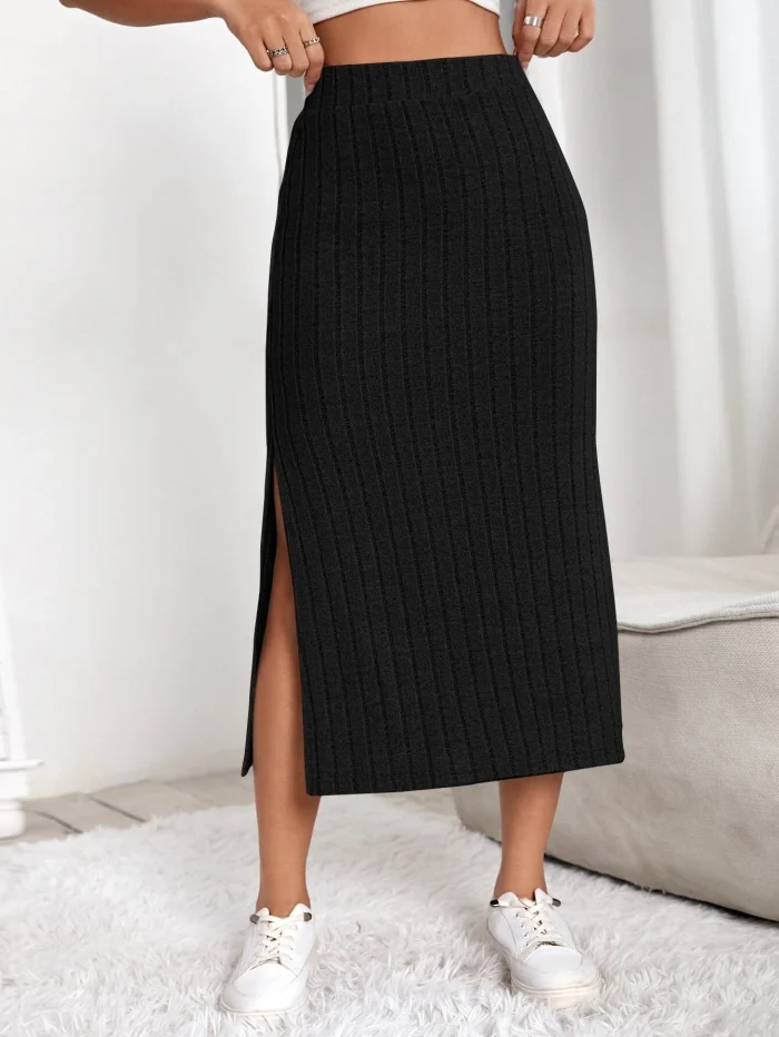 SHEIN Essnce High Waist Split Thigh Skirt,Split Thigh Midi Skinny High Waist Black Plain Women - Image 3