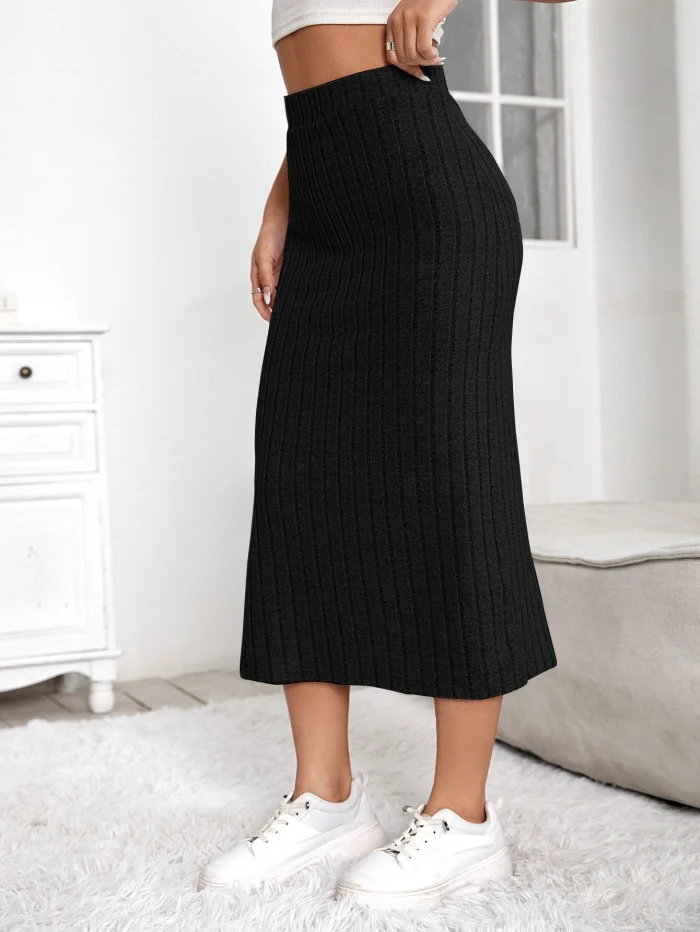 SHEIN Essnce High Waist Split Thigh Skirt,Split Thigh Midi Skinny High Waist Black Plain Women - Image 4