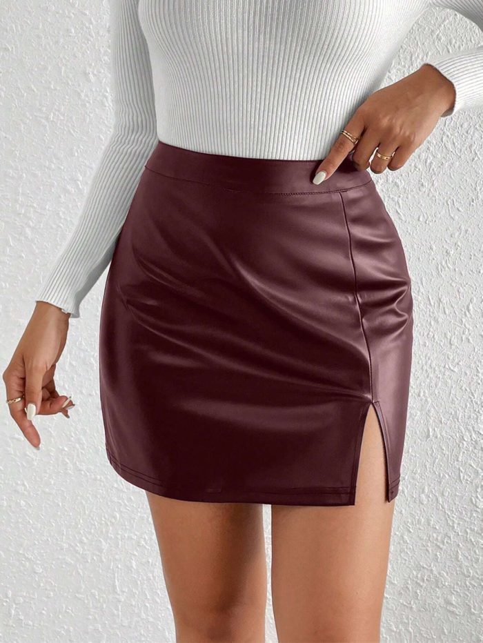 SHEIN Frenchy Split Hem PU Bodycon Mini Skirt