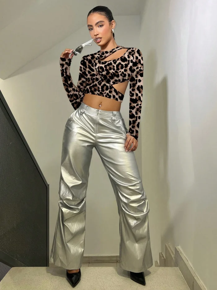 SHEIN ICON Knit Print Round Neck Long Sleeve Form-Fitting Cropped T-Shirt - Image 5