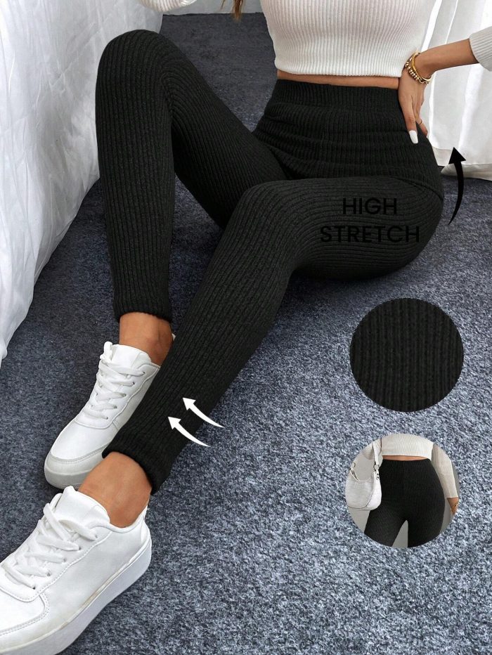 SHEIN LUNE Women Casual High Waist Ribbed Fleece Lined Leggings