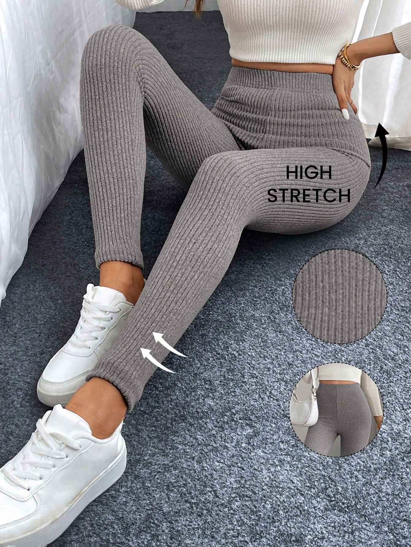 SHEIN LUNE Women Fleece Textured High Waist Leggings, Casual Bottoms