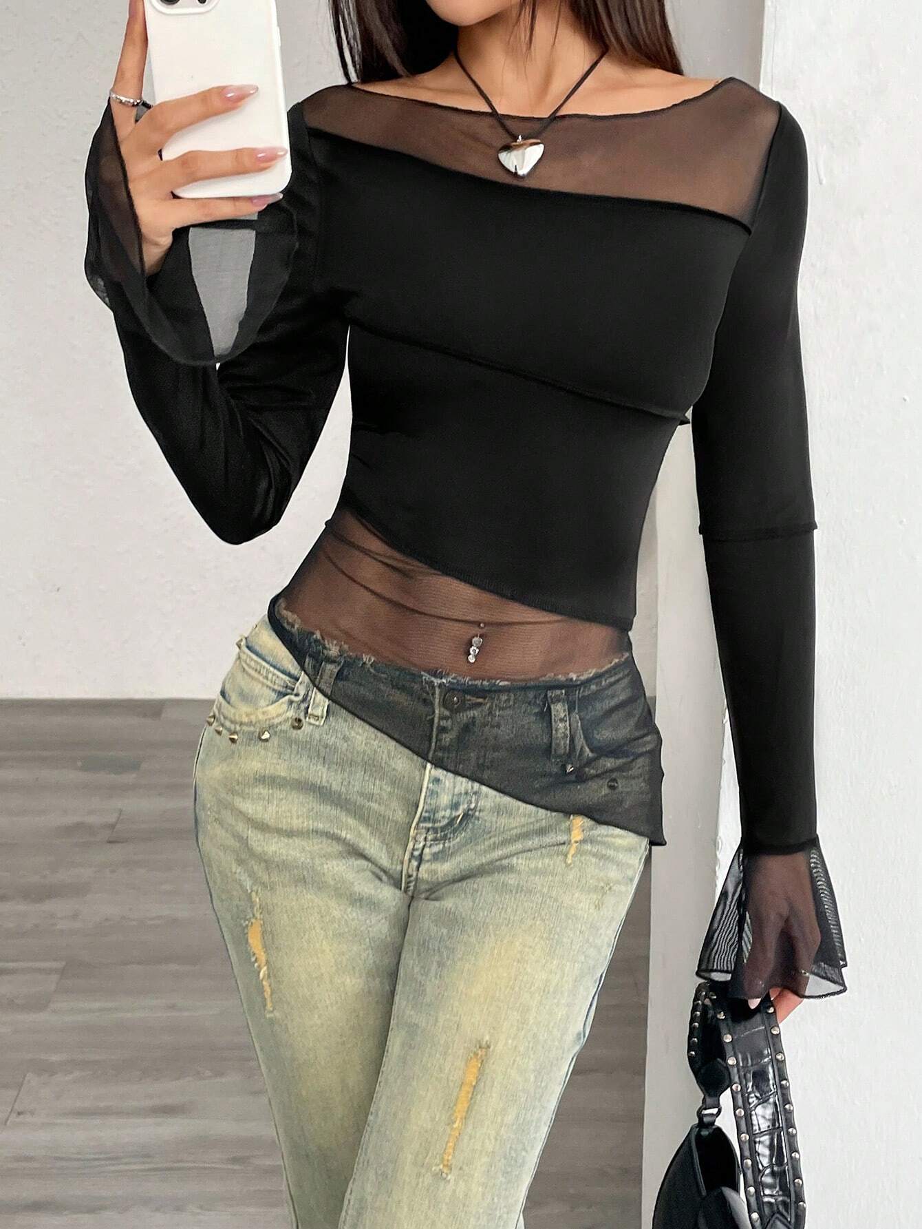 SHEIN Relaxiva Mesh Panel Fitted Round Neck Long Sleeve Top