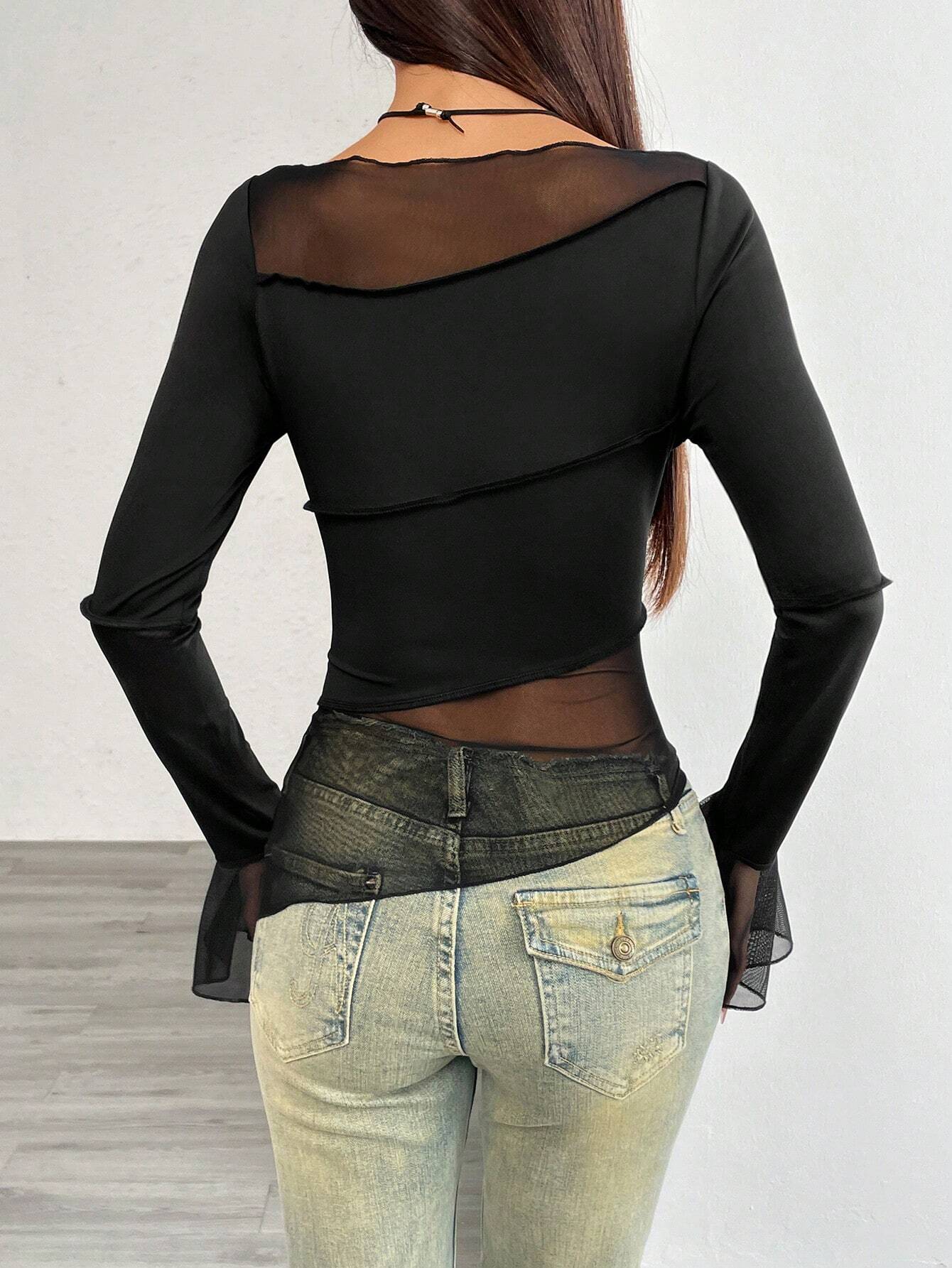 SHEIN Relaxiva Mesh Panel Fitted Round Neck Long Sleeve Top - Image 2