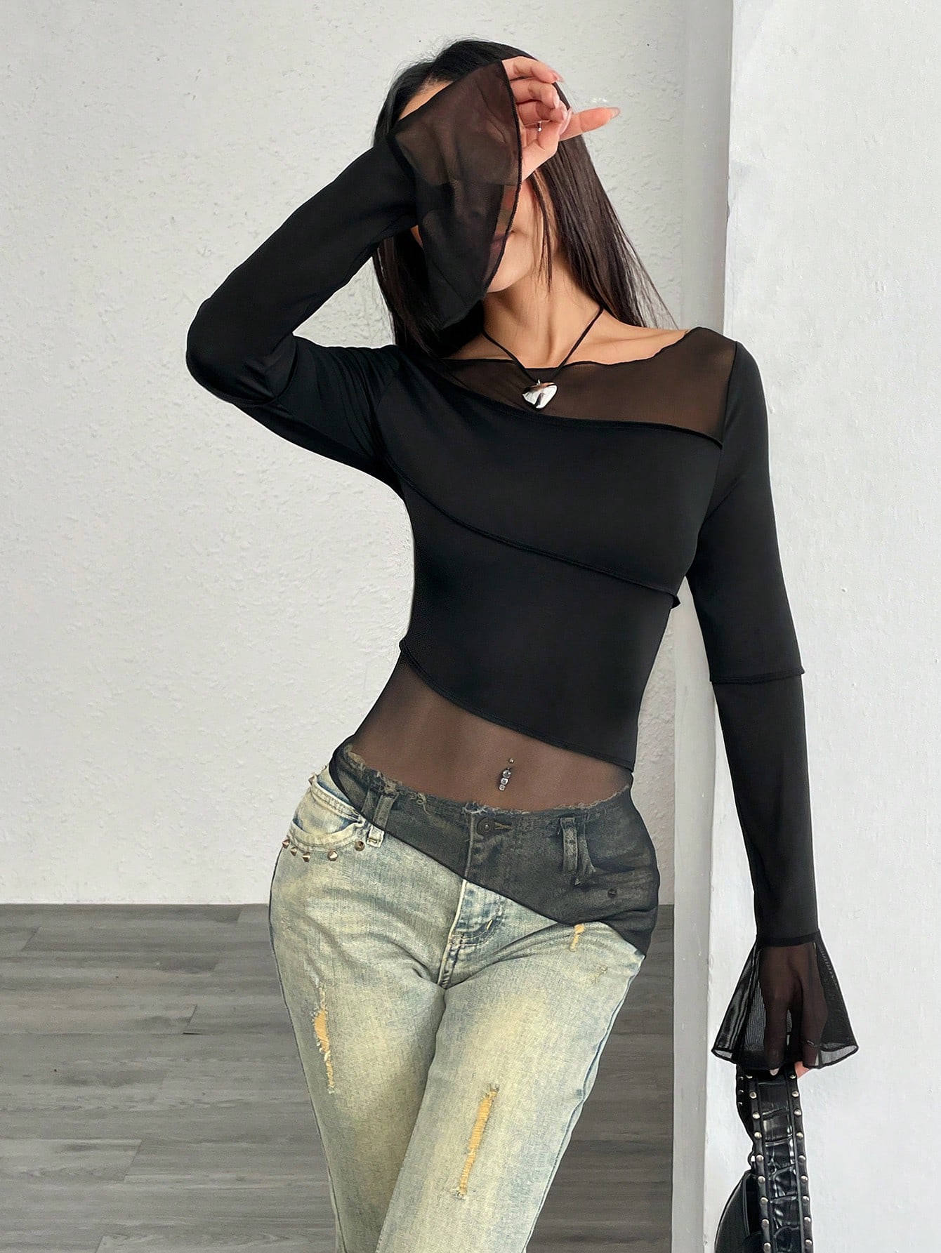 SHEIN Relaxiva Mesh Panel Fitted Round Neck Long Sleeve Top - Image 3