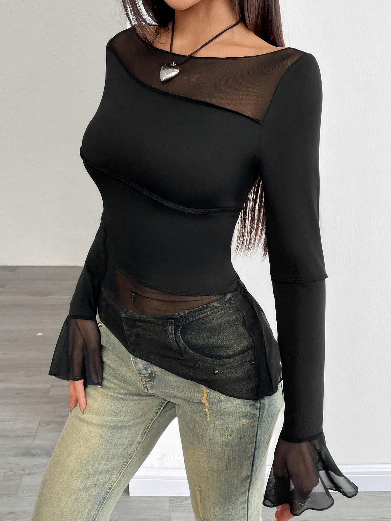 SHEIN Relaxiva Mesh Panel Fitted Round Neck Long Sleeve Top - Image 4