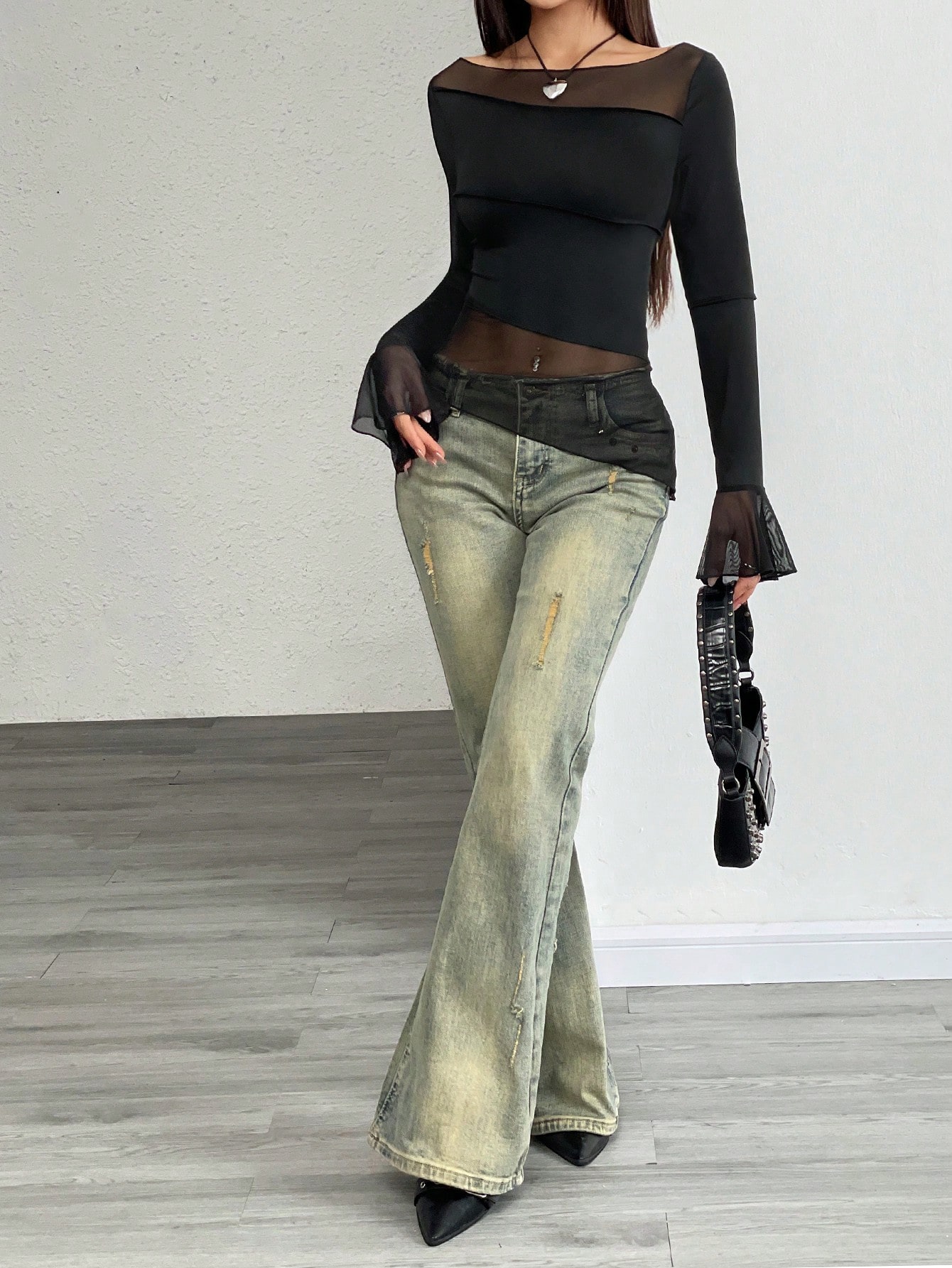 SHEIN Relaxiva Mesh Panel Fitted Round Neck Long Sleeve Top - Image 5