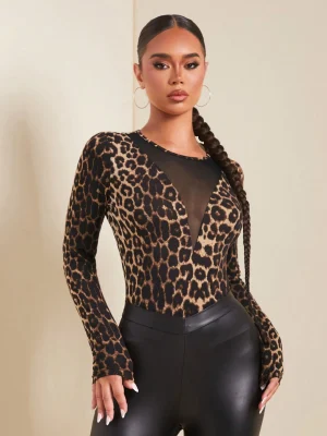 SHEIN SXY Fall Women Clothes;Leopard Print;V Neck ;Women Spring And Autumn Leopard Print Round Neck Long Sleeve T-Shirt With Mesh Panel