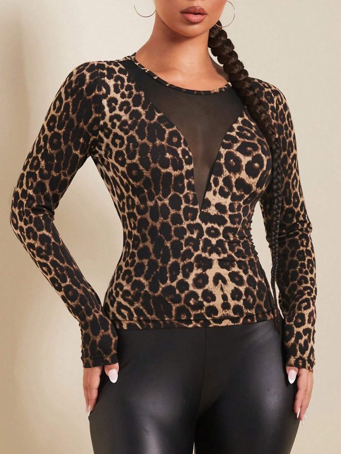 SHEIN SXY Fall Women Clothes;Leopard Print;V Neck ;Women Spring And Autumn Leopard Print Round Neck Long Sleeve T-Shirt With Mesh Panel - Image 3
