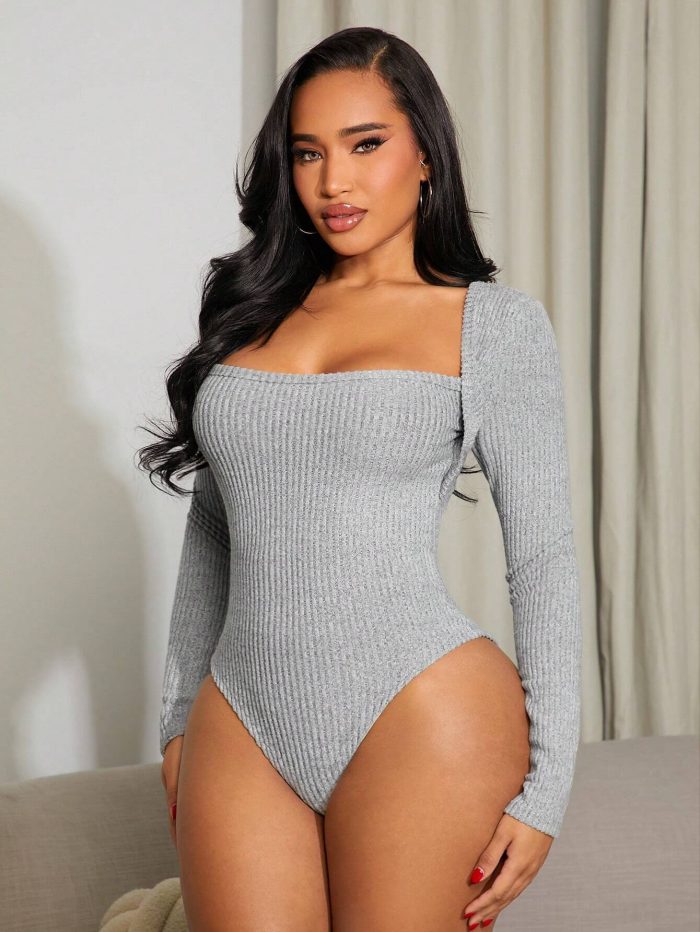 SHEIN SXY Solid Color Square Neck Long Sleeve Slim Fit Bodysuit - Image 4