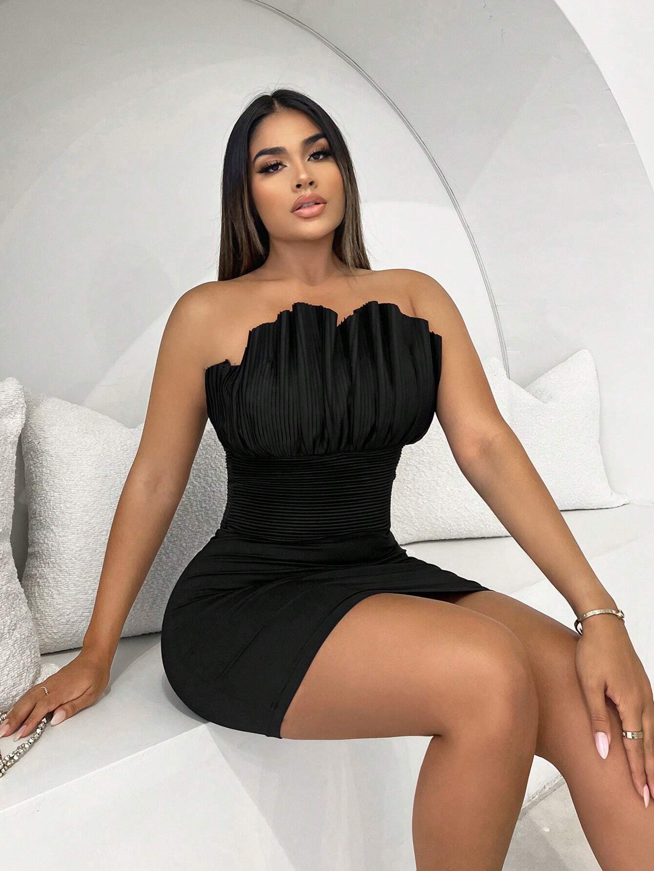 SHEIN SXY Women's Pleated Splice Strapless Bodycon Mini Dress