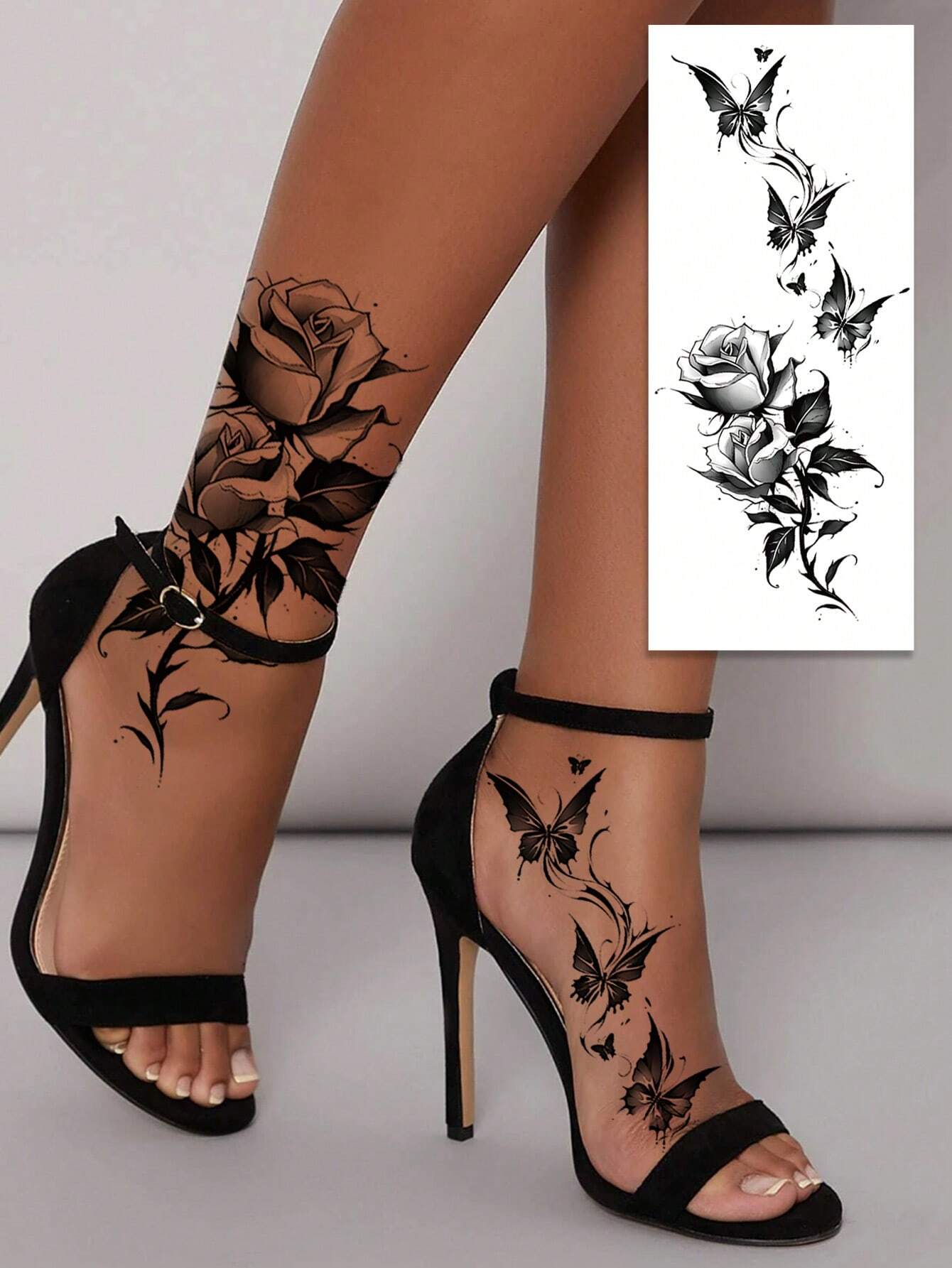 Temporary Paper Tattoo Sticker, 2pcs Black Butterflies & Roses Style Floral Waterproof Temporary Tattoo Stickers