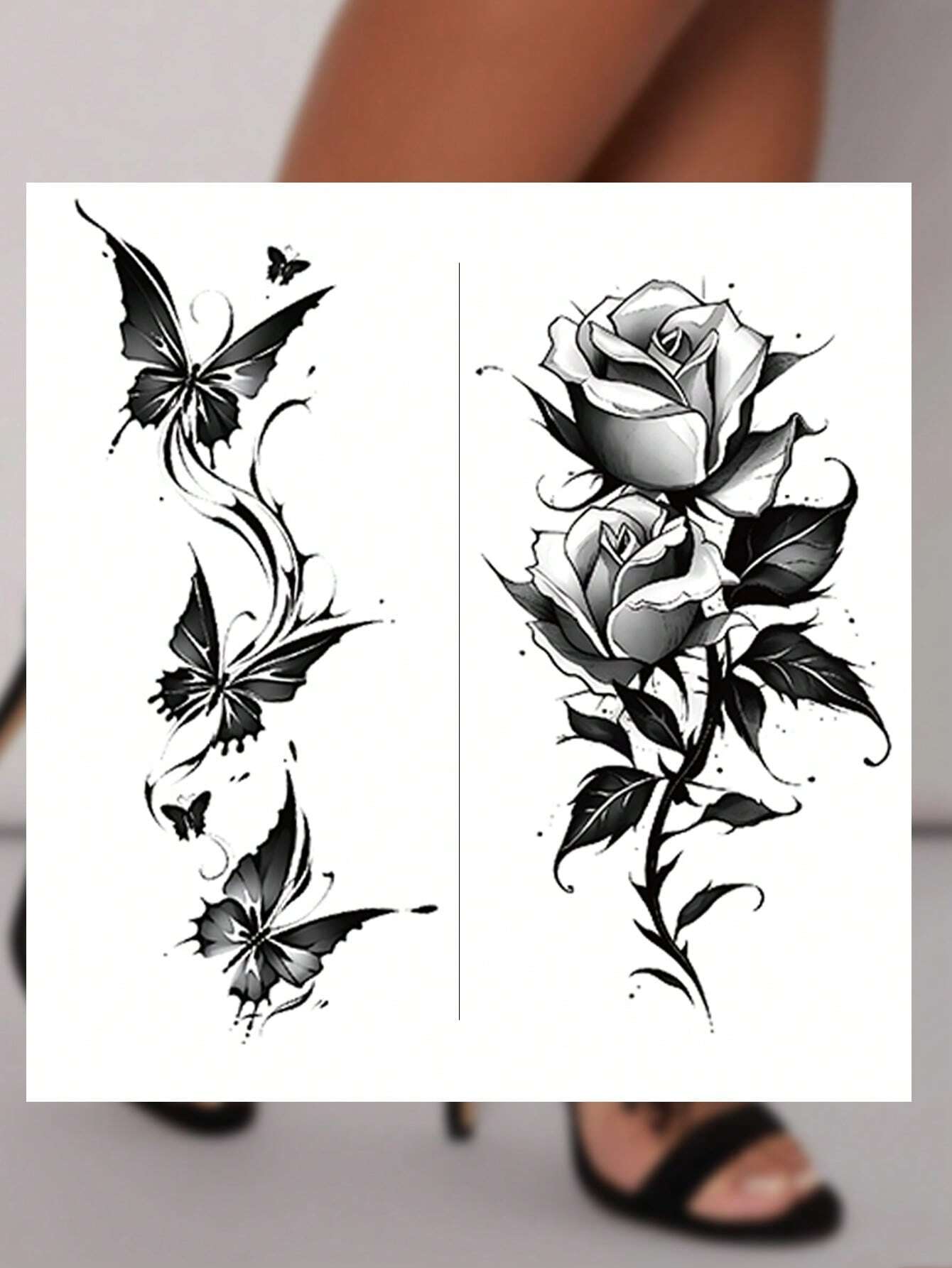 Temporary Paper Tattoo Sticker, 2pcs Black Butterflies & Roses Style Floral Waterproof Temporary Tattoo Stickers - Image 3