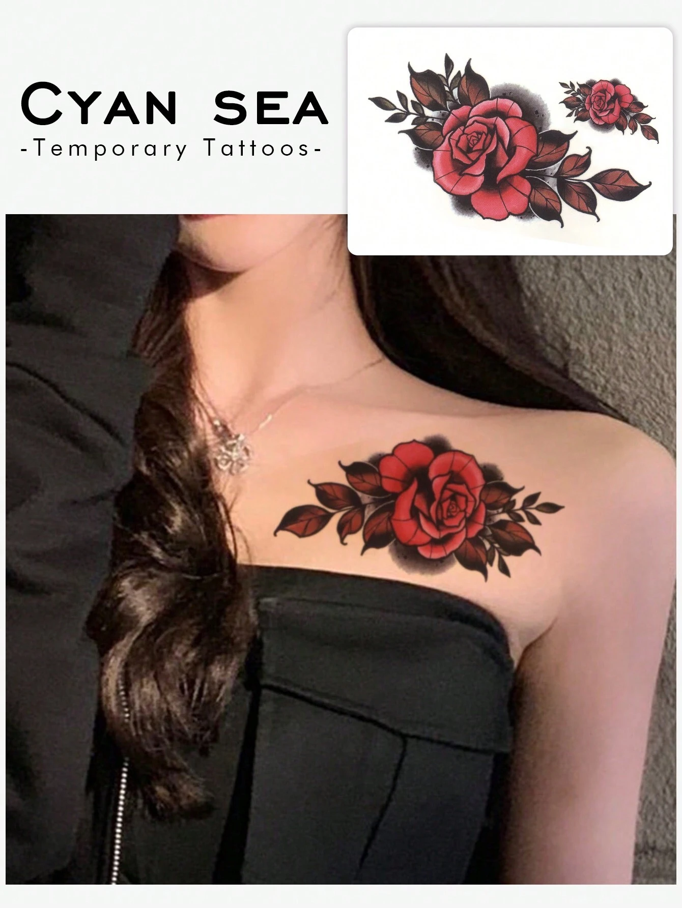 1pc Red Floral Temporary Tattoo, Fashionable Charming Style