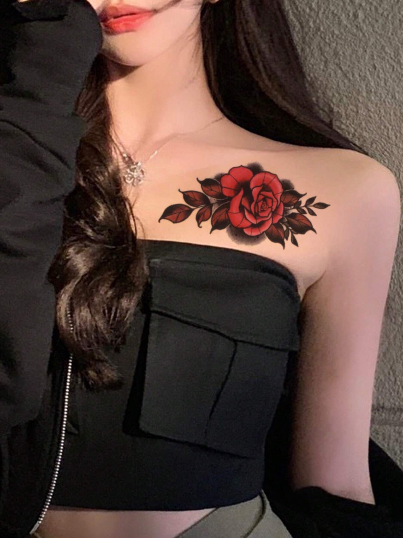 1pc Red Floral Temporary Tattoo, Fashionable Charming Style - Image 4