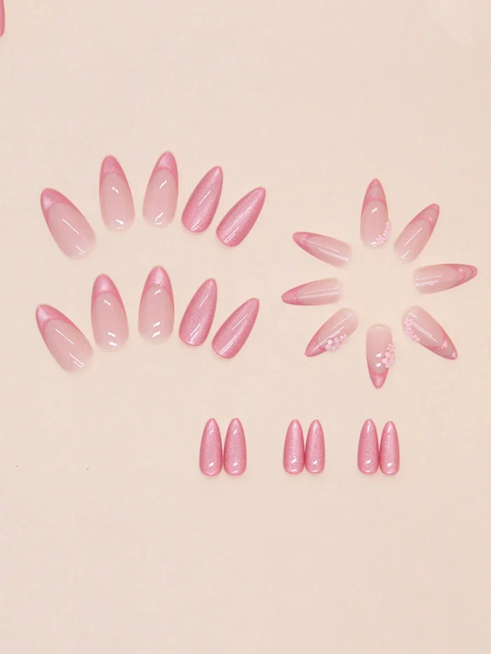 24pcs French Style Pink Cat Eye & Small Flower Design Artificial Nails With Rhinestones - Image 3