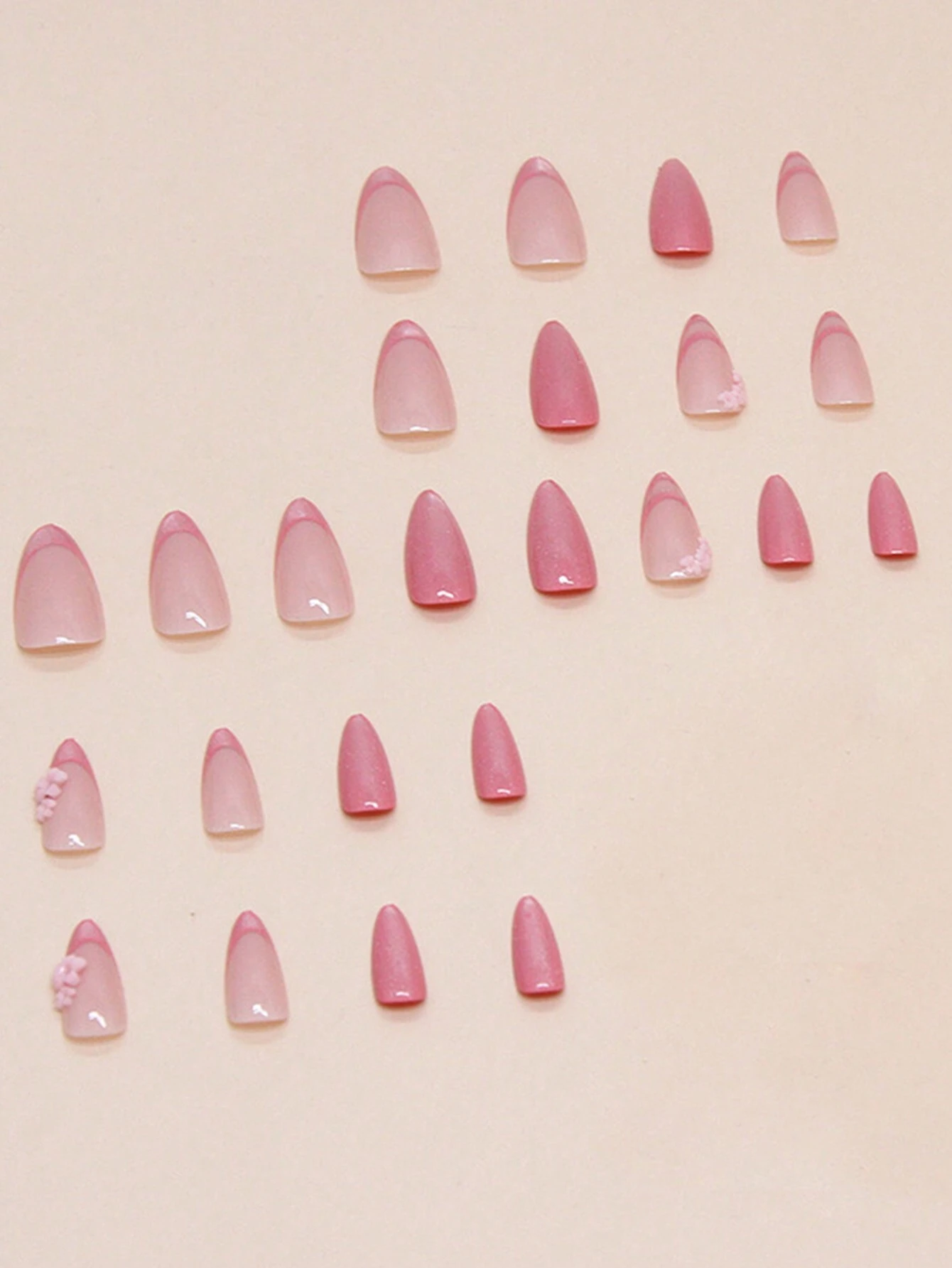 24pcs French Style Pink Cat Eye & Small Flower Design Artificial Nails With Rhinestones - Image 4