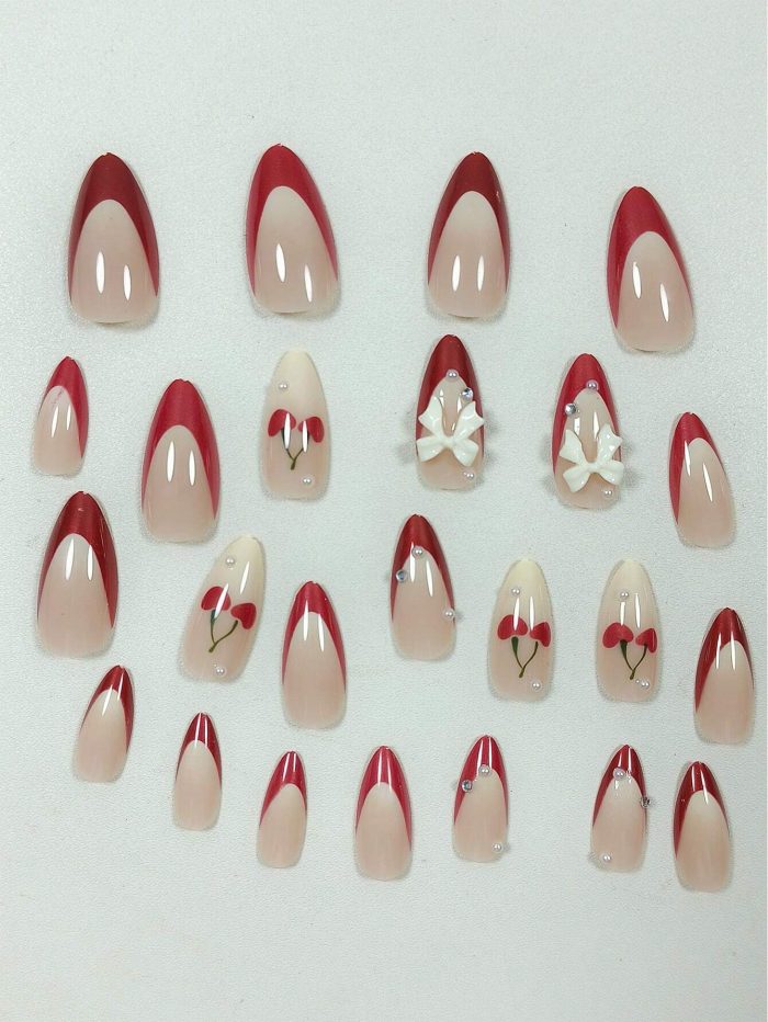 24pcs Short Almond Shaped, Fashionable, Simple & Elegant French Edge 3D Cherry & Bowknot Decorated False Nails Set - Image 2
