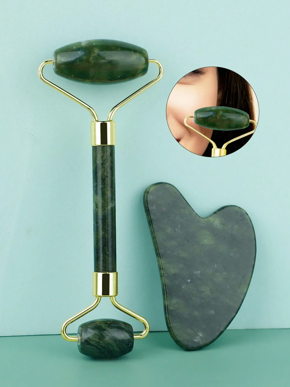 2pcs/Set Facial Massage Roller Set With Double-Ended Jade Roller And Gua Sha Board For Meridian Scraping, Therapy And Skin Care