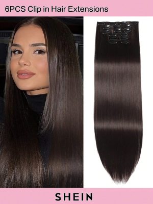 Clip In Hair Extensions, LONAI 6PCS 24" Long Black Brown With Highlight Straight Synthetic Clip On Hairpiece