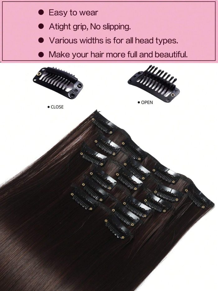 Clip In Hair Extensions, LONAI 6PCS 24 Long Black Brown With Highlight Straight Synthetic Clip On Hairpiece - Image 7