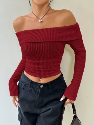 SHEIN EZwear Winter Women Black Velvet Off The Shoulder Long Sleeve Crop Top