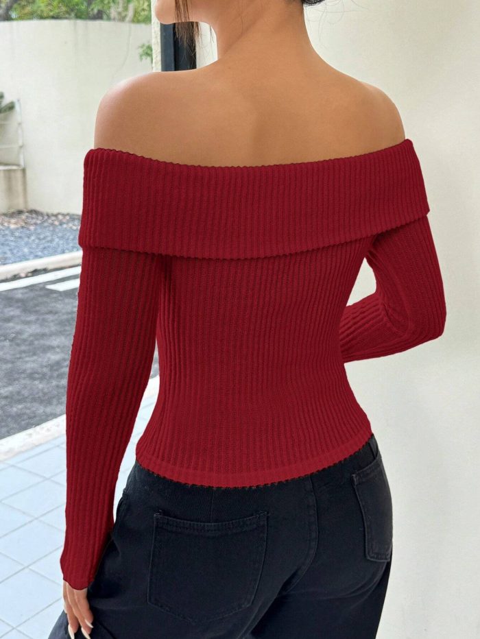 SHEIN EZwear Winter Women Black Velvet Off The Shoulder Long Sleeve Crop Top - Image 2