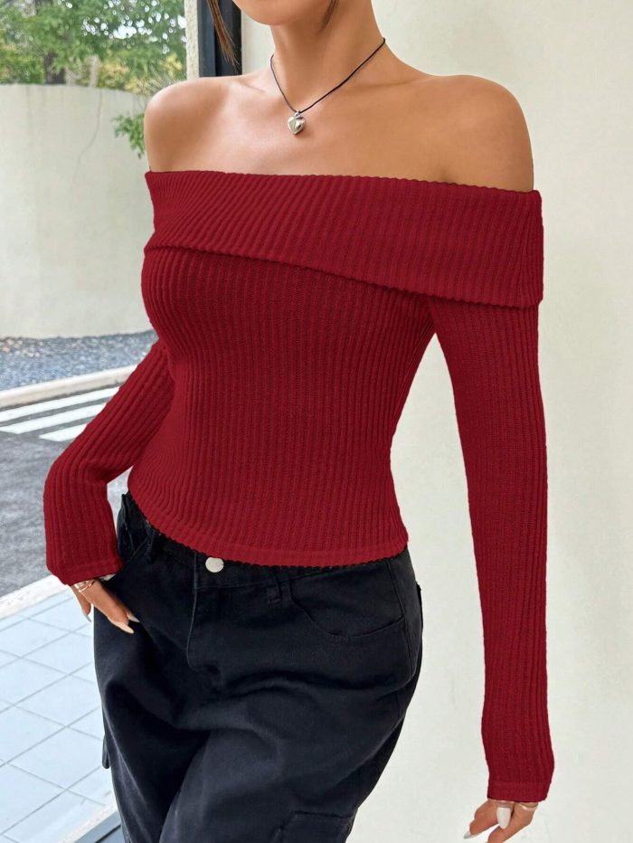 SHEIN EZwear Winter Women Black Velvet Off The Shoulder Long Sleeve Crop Top - Image 3