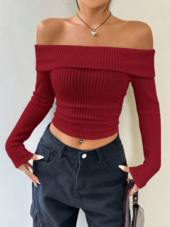 SHEIN EZwear Winter Women Black Velvet Off The Shoulder Long Sleeve Crop Top - Image 4