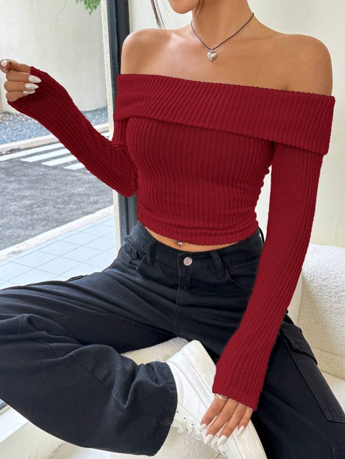 SHEIN EZwear Winter Women Black Velvet Off The Shoulder Long Sleeve Crop Top - Image 6