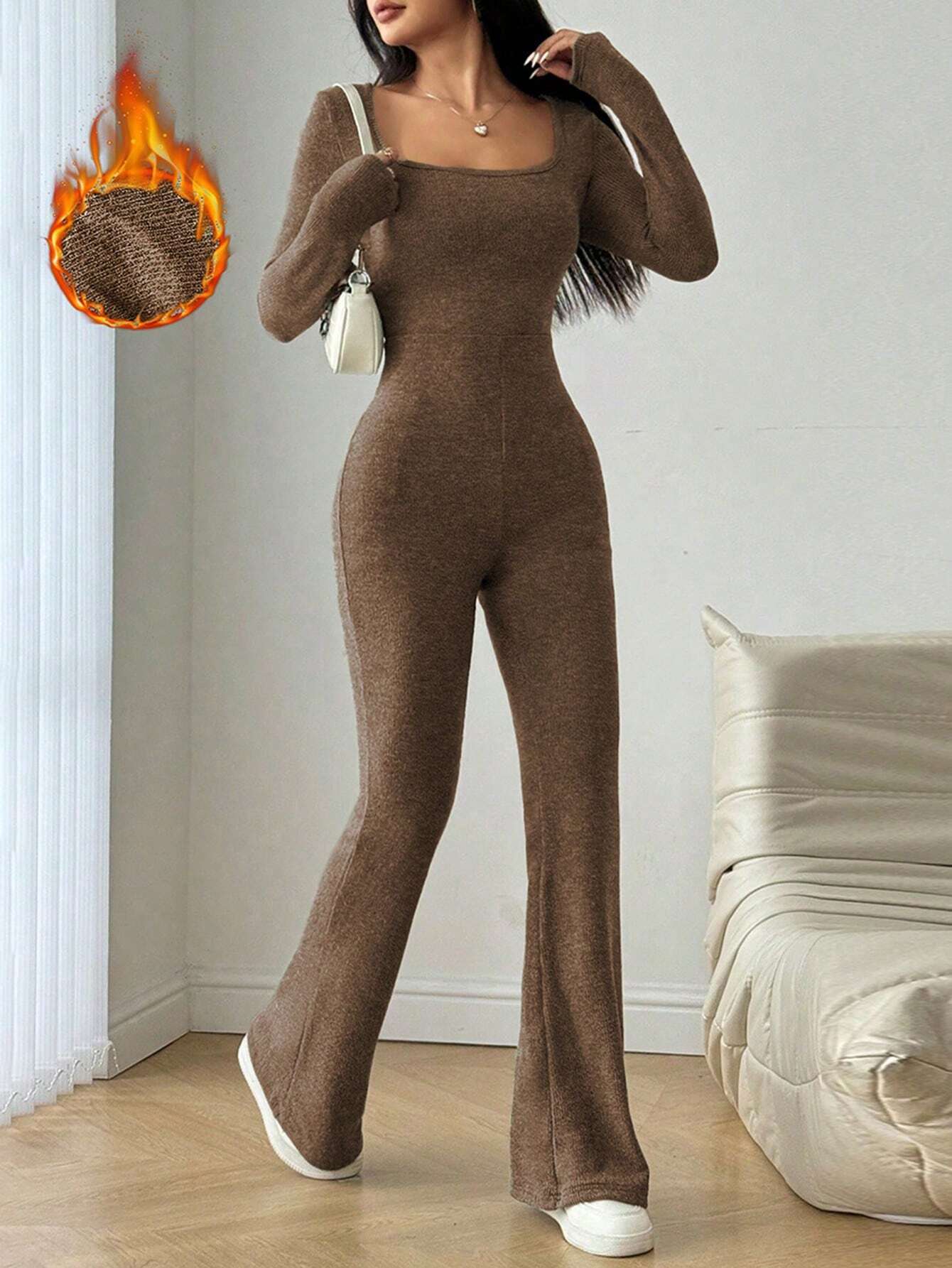 SHEIN MOOSTA Women's Casual Solid Color Long Sleeve Jumpsuit