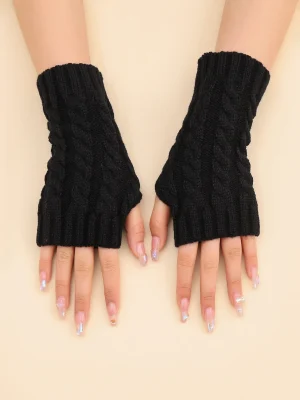 Short 100% Linen Fingerless Gloves In Black, Suitable For Autumn/Winter